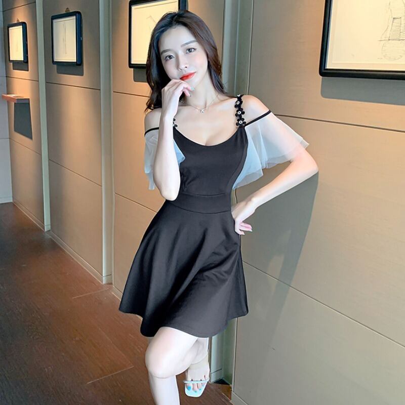 メッシュAラインブラックドレス ウェスト ステッチ ハンチェンe38815629006