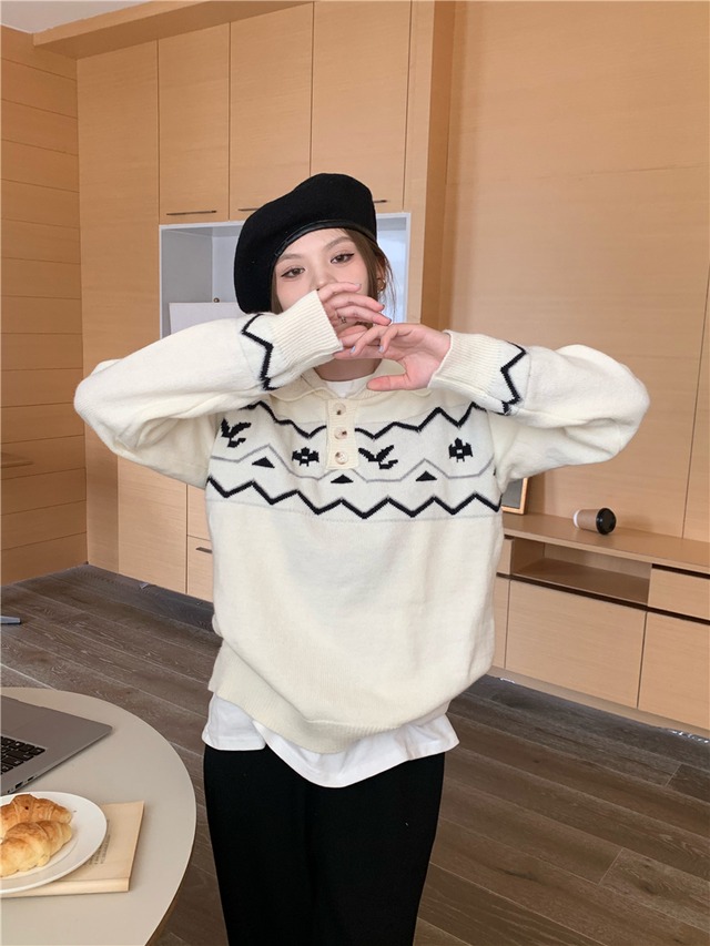 セーター ルーズオータムウィンタースタンダードスタイルジャカードプルオーバー トップス レトロ 秋物 冬物 1号婦人95015142788