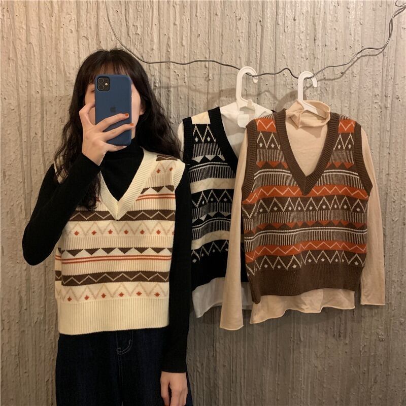 ニットスプリングオータムスタンダードVネック レトロ 春物 秋物 1号婦人60071246909