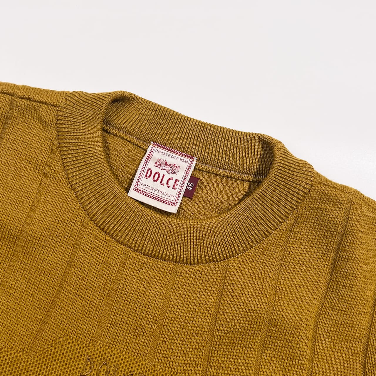 DOLCE ドルチェ エンブレム刺繍 リブ編み クルーネック ニット セーター 46/マスタード系 メンズ レトロ