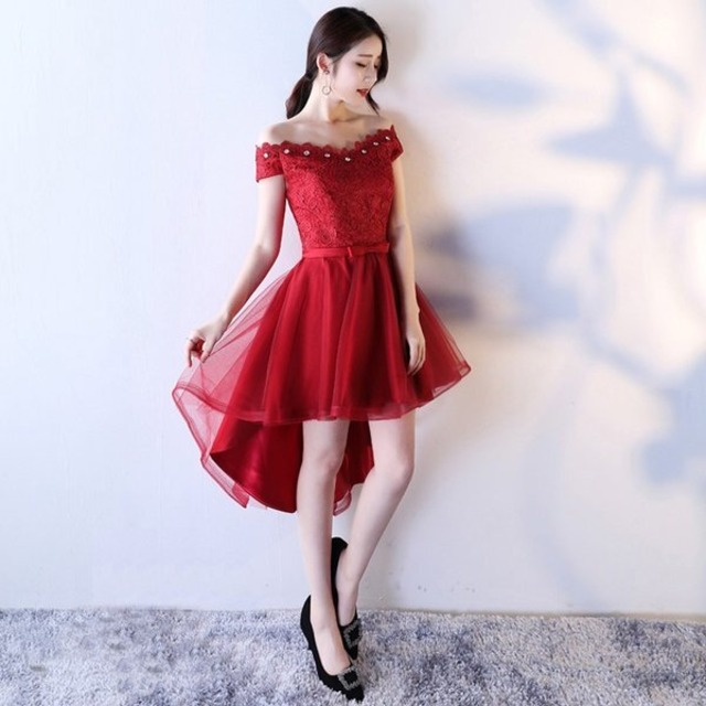 即発送 パーティードレス レディース ミニ丈 赤 結婚式 二次会 ワンピース ドレス 赤 フィッシュテール 透かし彫り刺繍 Lovedoresu