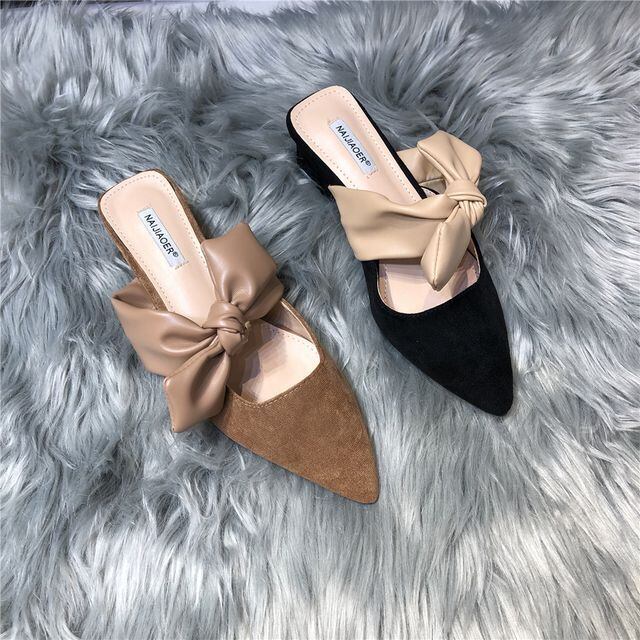 サンダル ミュール レディース バイカラー リボン パンプス ローヒール ポインテッドトゥ ローヒール スエード 全2色 ブラック/ブラウン 22.5cm/23cm/23.5cm/24cm/24.5cm