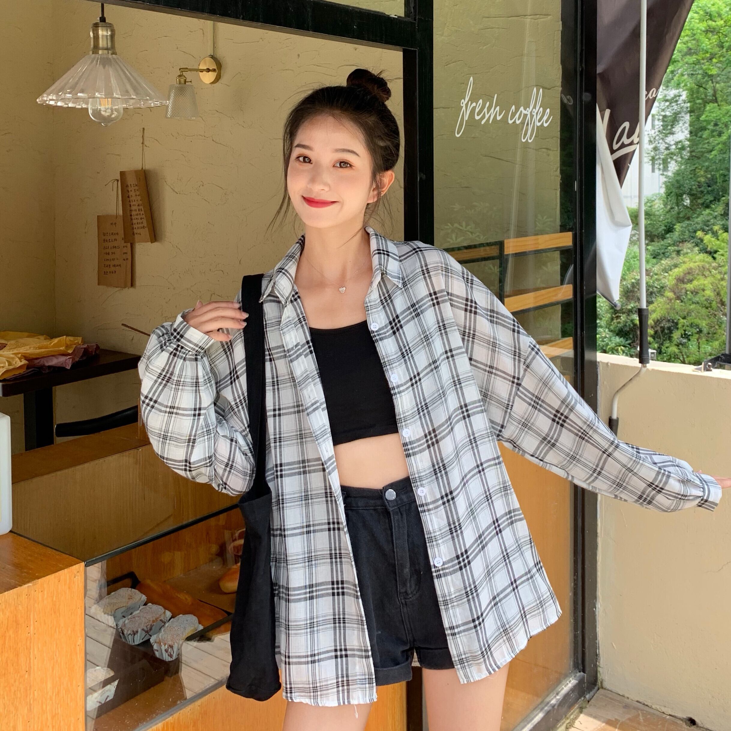 秋のシャツ、長袖の女性用チェック柄シャツ、女性のデザインセンスのニッチ、オールマッチのアウター、ルーズな秋のジャケット 1号婦人64583794766