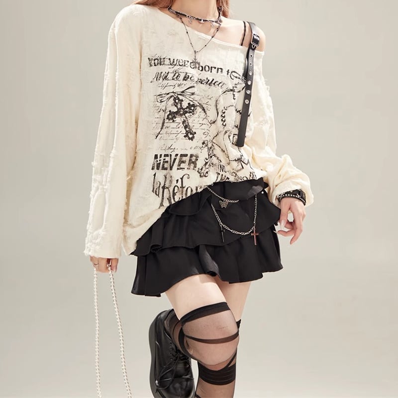 ロンT tシャツ 肩ベルト オフショルダー グレー グラフィックプリント