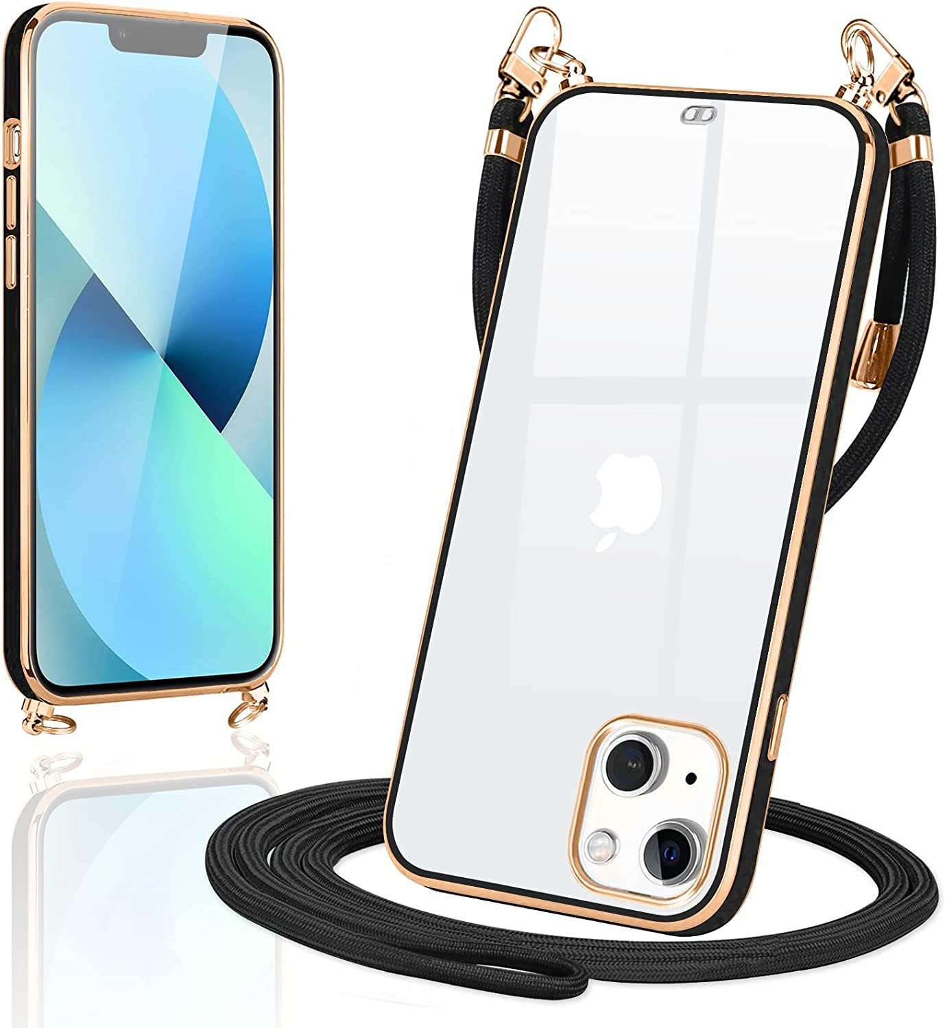 Loodoomo iPhone13 mini 用の ケース クリア ショルダー いphone13 mini スマホケース カバー 肩掛け(ブラック)