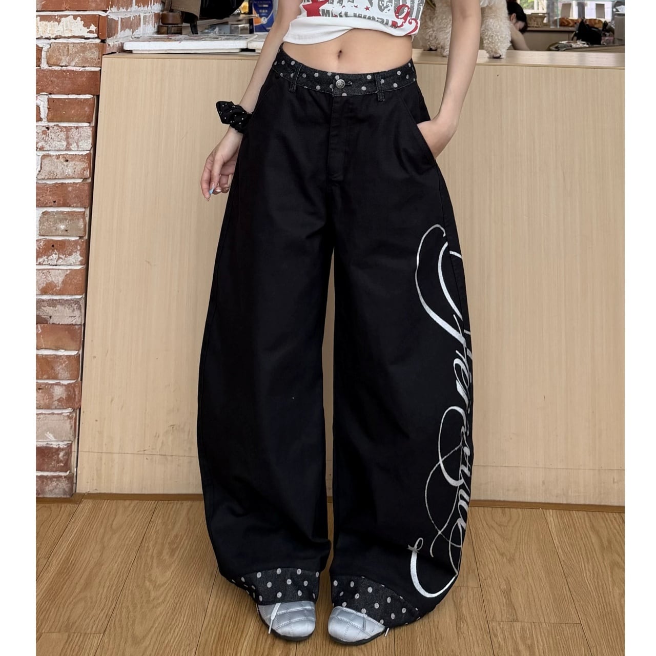 ポルカドットコンビサイドロゴルーズフォルムパンツ 1col R02456