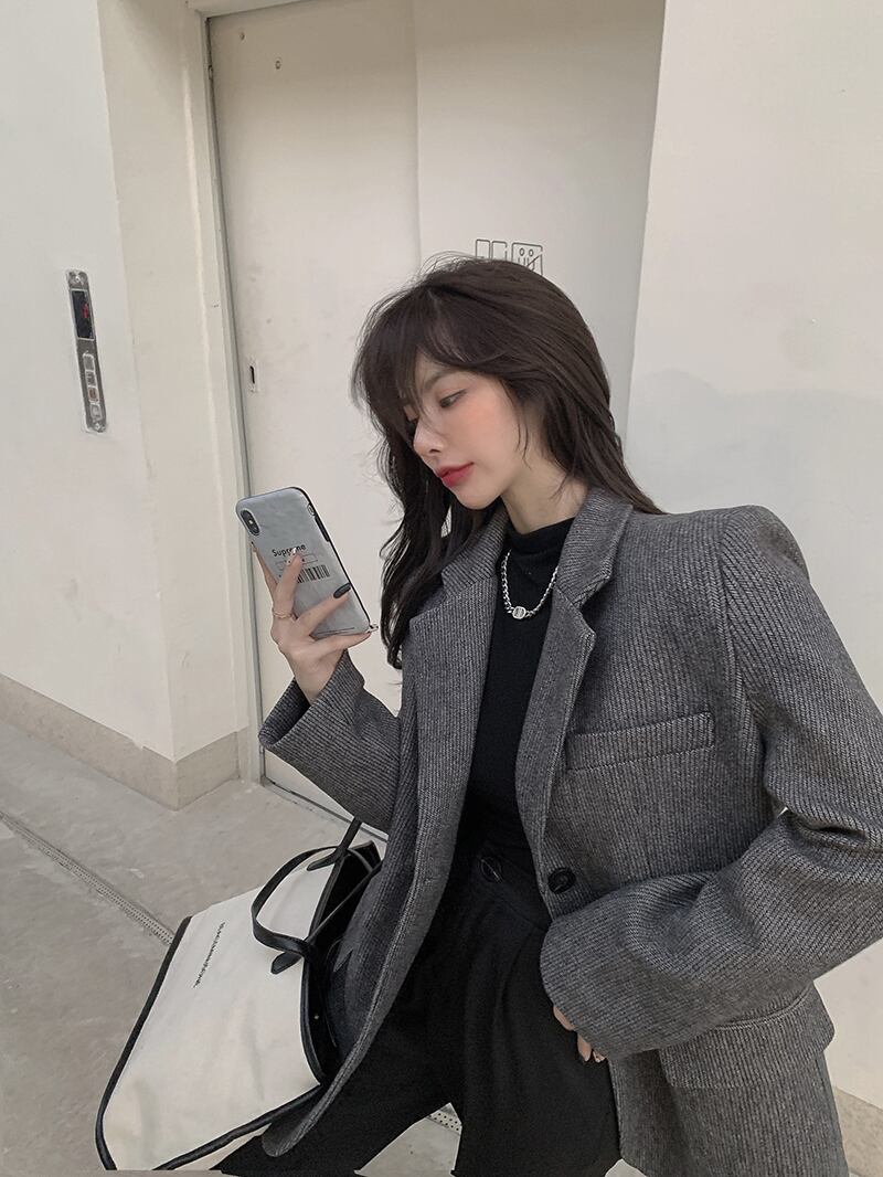 ジャケット ブラックルーズオータムウィンターカジュアルスタイル 秋物 冬物 ブラックストロベリース42795855982