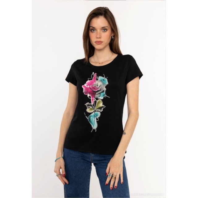 フラワープリント　ストレッチコットン半袖Tシャツ【フランスインポート M&G】　F2506071