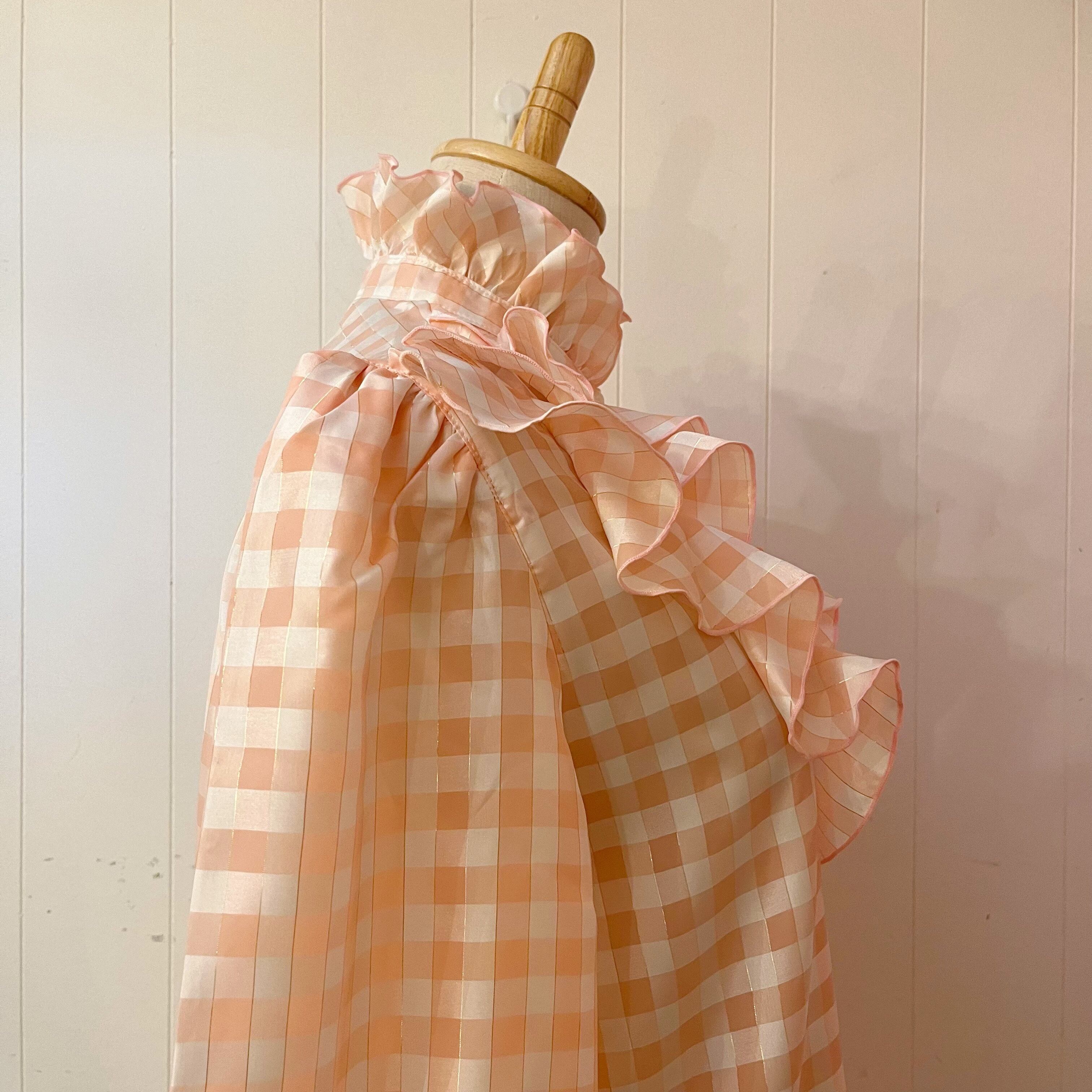 pink check frill stand collar blouse