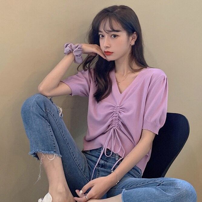 2020年夏のドローストリングVネック薄半袖セーター女性ショートパフスリーブパープルトップの新バージョン 1号婦人39165372047