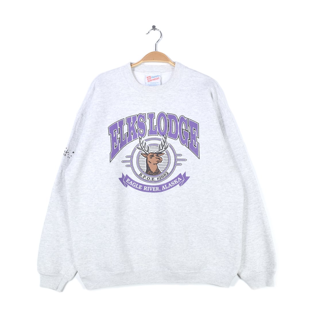 90s ヘインズ USA製 ELKS LODGE ヴィンテージスウェット 鹿 エゾシカ 霜降りグレー 袖プリ 3段プリント ヘビーコットン サイズL 古着 @CF0814