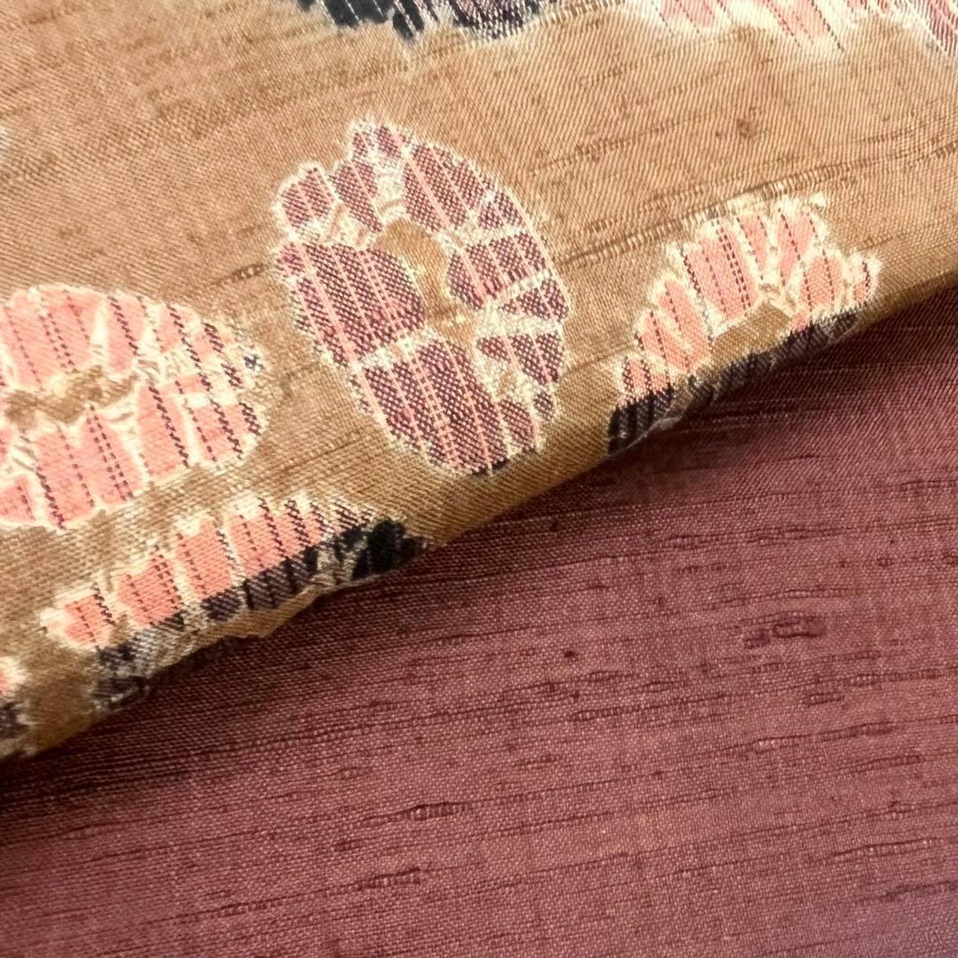 名古屋帯 絞りの花柄模様 紬 チェック柄 濃茶色 O-4118 着物