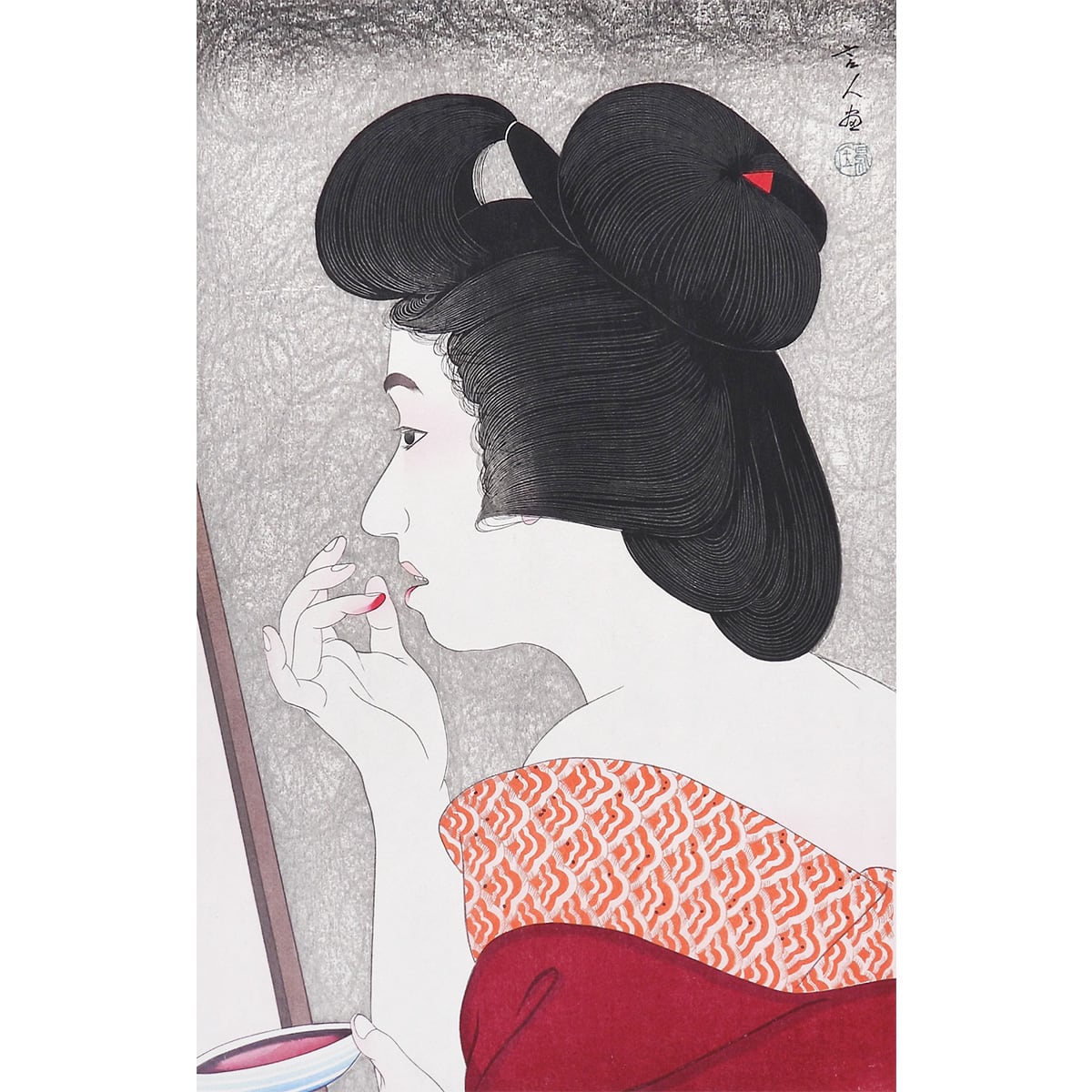 鳥居清忠 口紅 おんな十二題より 人物画 美人画 木版画 浮世絵 女性像