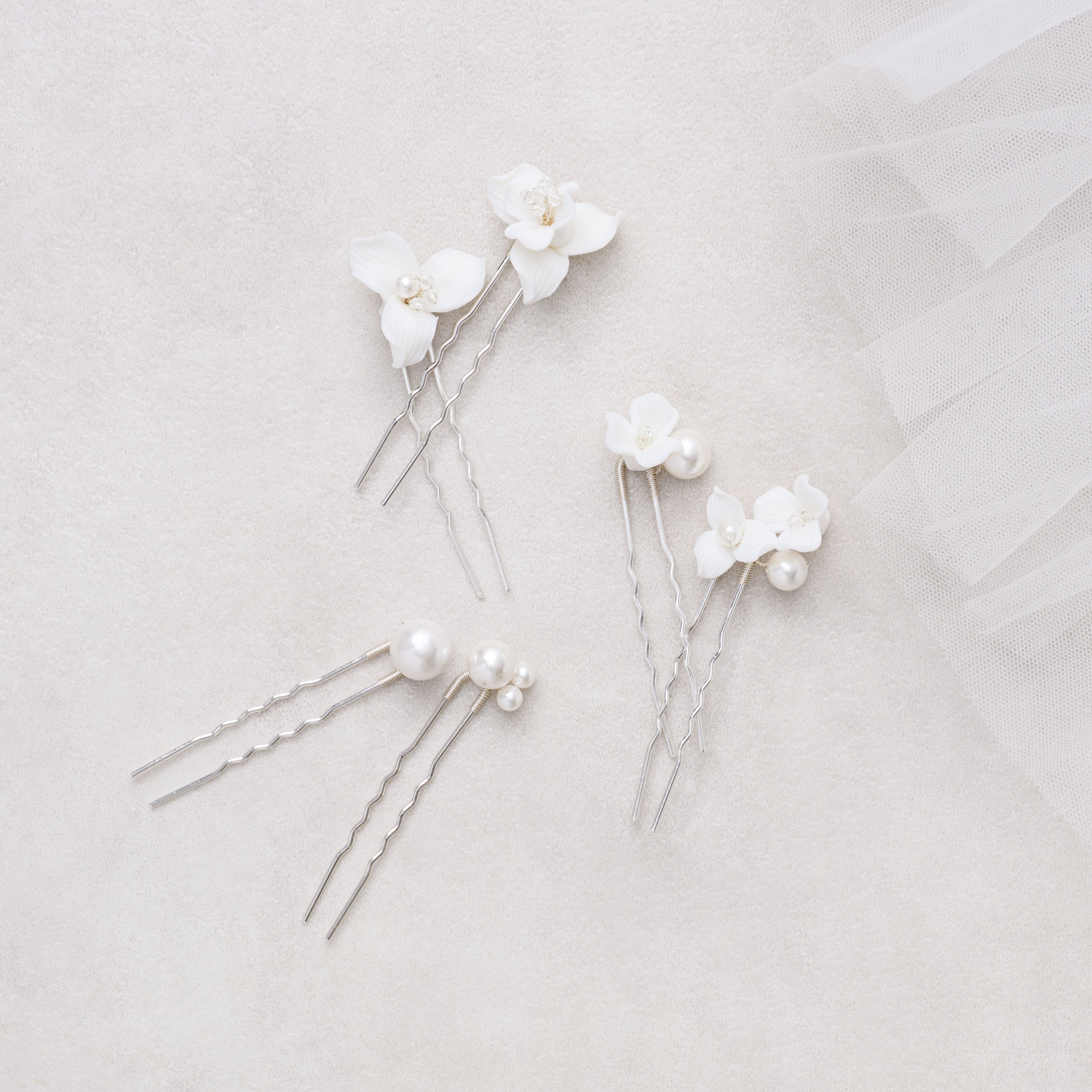 H-154 White Flowerヘアピンセット＜シルバー＞ | ウェディング