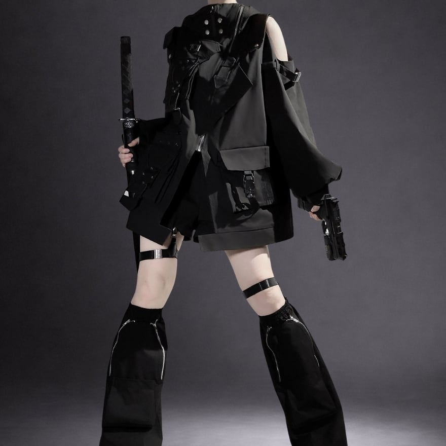 サイバーパンク フード付き多機能セットアップ 3点構成 ブラック ユニ