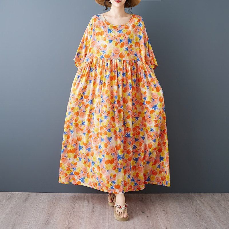 PRINT ROUND NECK LOOSE LINEN COTTON DRESS M-18066