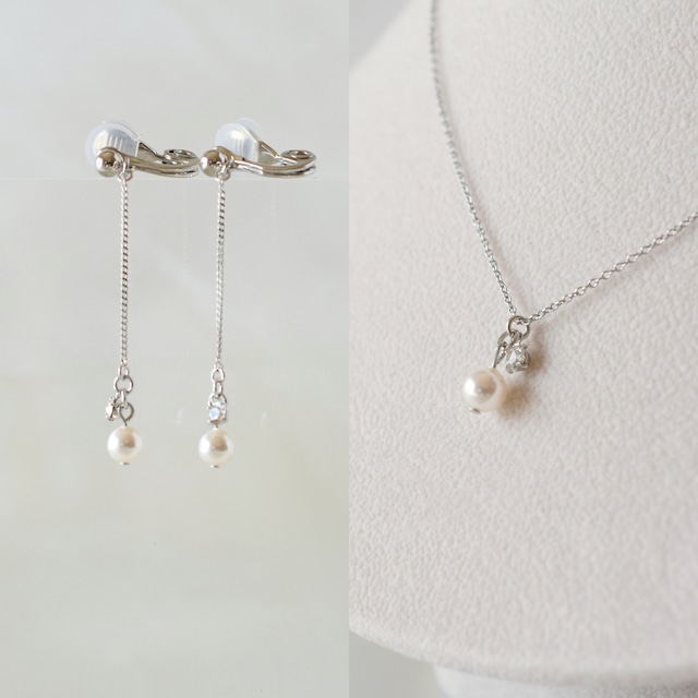 -set- chainパール シルバー 魔法のイヤリング ネックレス セット 痛くない 日本製 金属アレルギー対応 落ちない 福耳ok 送料無料