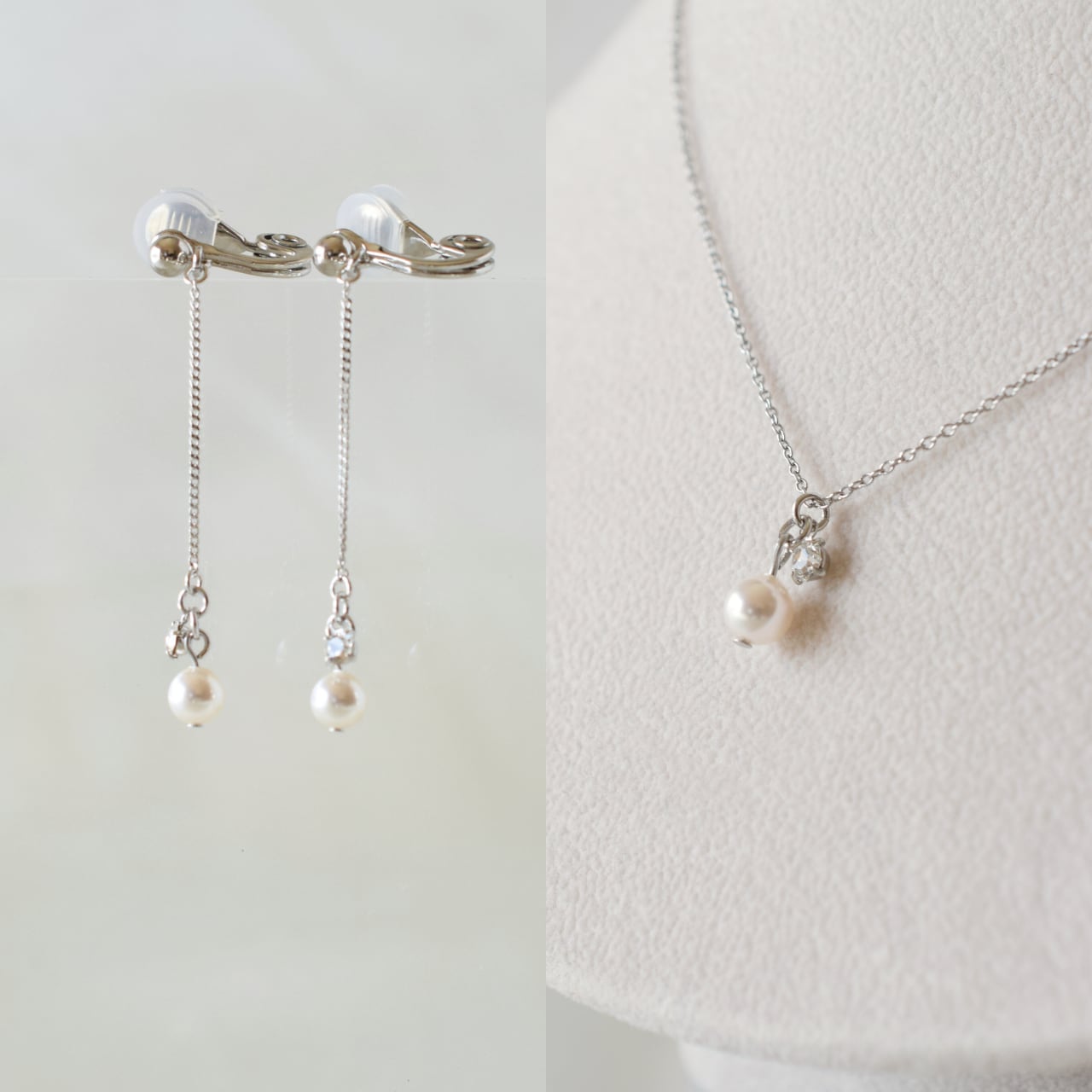 -set- chainパール シルバー 魔法のイヤリング ネックレス セット 痛くない 日本製 金属アレルギー対応 落ちない 福耳ok 送料無料