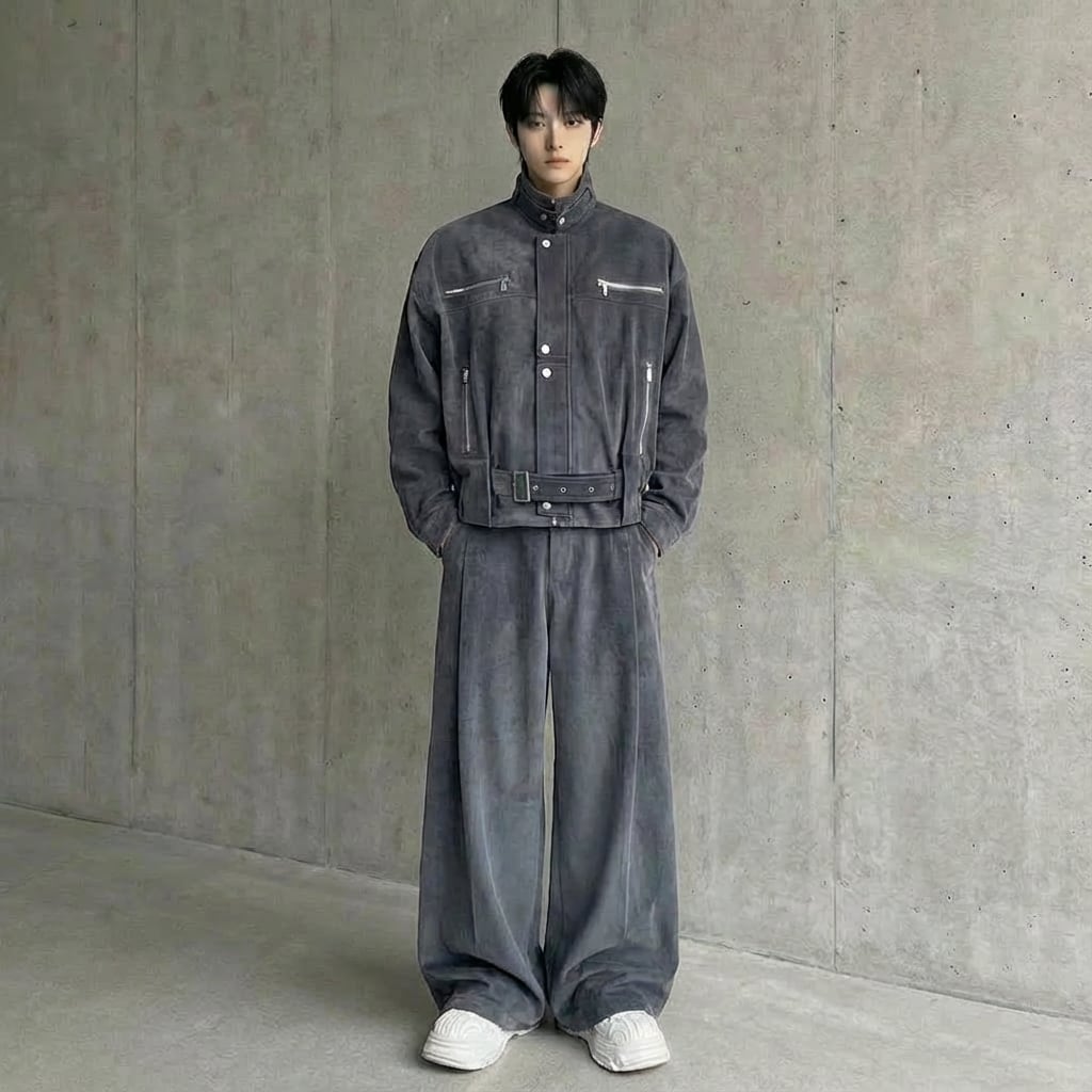 モードストリート ベルト付きジャケット&ワイドパンツセットアップ 2カラー D12051