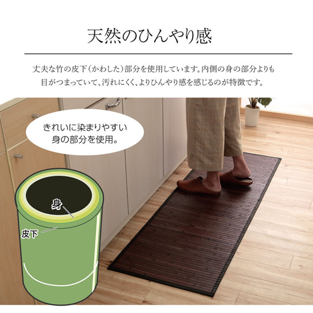 ひんやり竹製PU塗装フロアマット - 17mm無垢竹ヒゴ使用の環境に優しいデザイン
