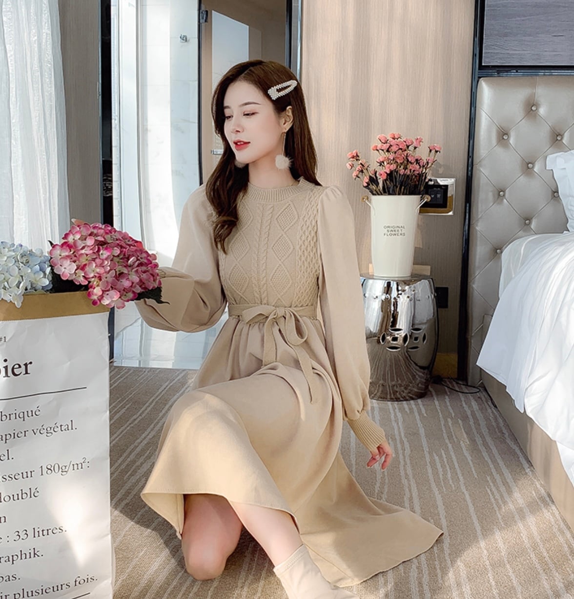 ラテカラー ニットワンピ ケーブル編み ラウンドネック フレア ロング ワンピース 可愛い 愛され 大人女子 キレイめ Lamitte Deco トレンド 韓国ファッション ショップ Base店