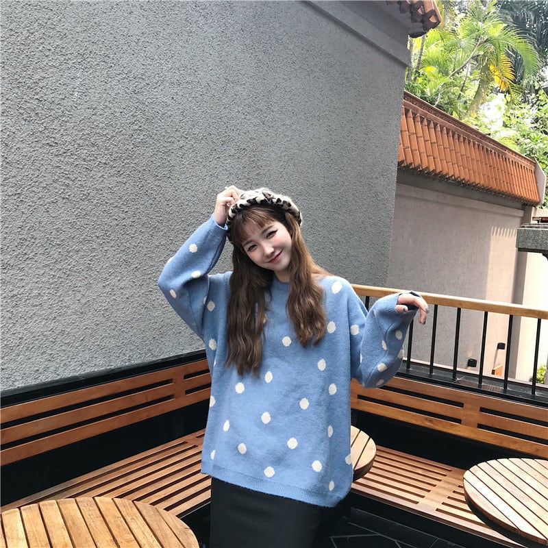 ポップでかわいい 3色 ドット柄長袖ルーズニット セーター ポップでかわいい 3色 ドット柄長袖ルーズニット セーター