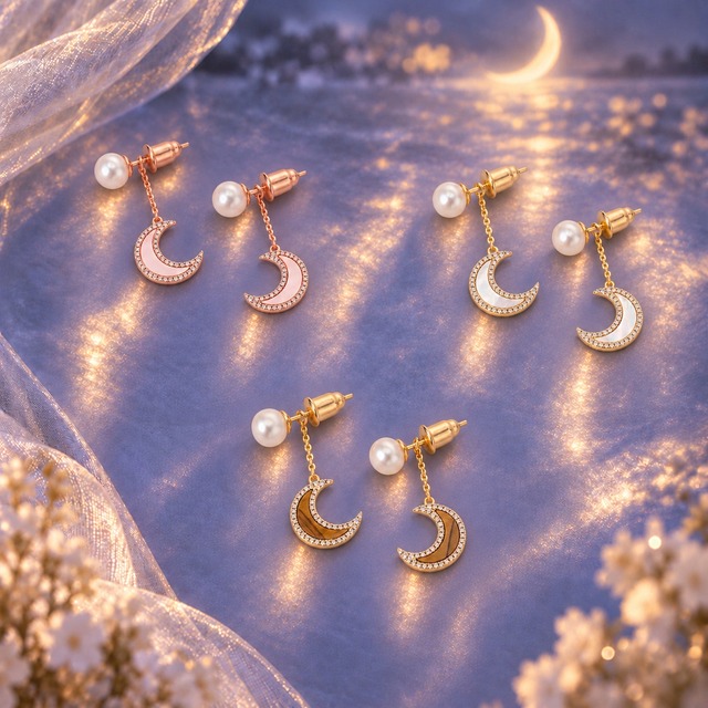 【The Moon 】Earring｜三日月ピアス｜ホワイトシェル｜ピンクシェル｜タイガーアイ｜淡水パール/セパレート｜2way