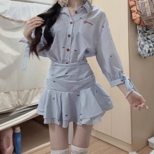 ストライプヨークフリルシャツワンピ ・71724