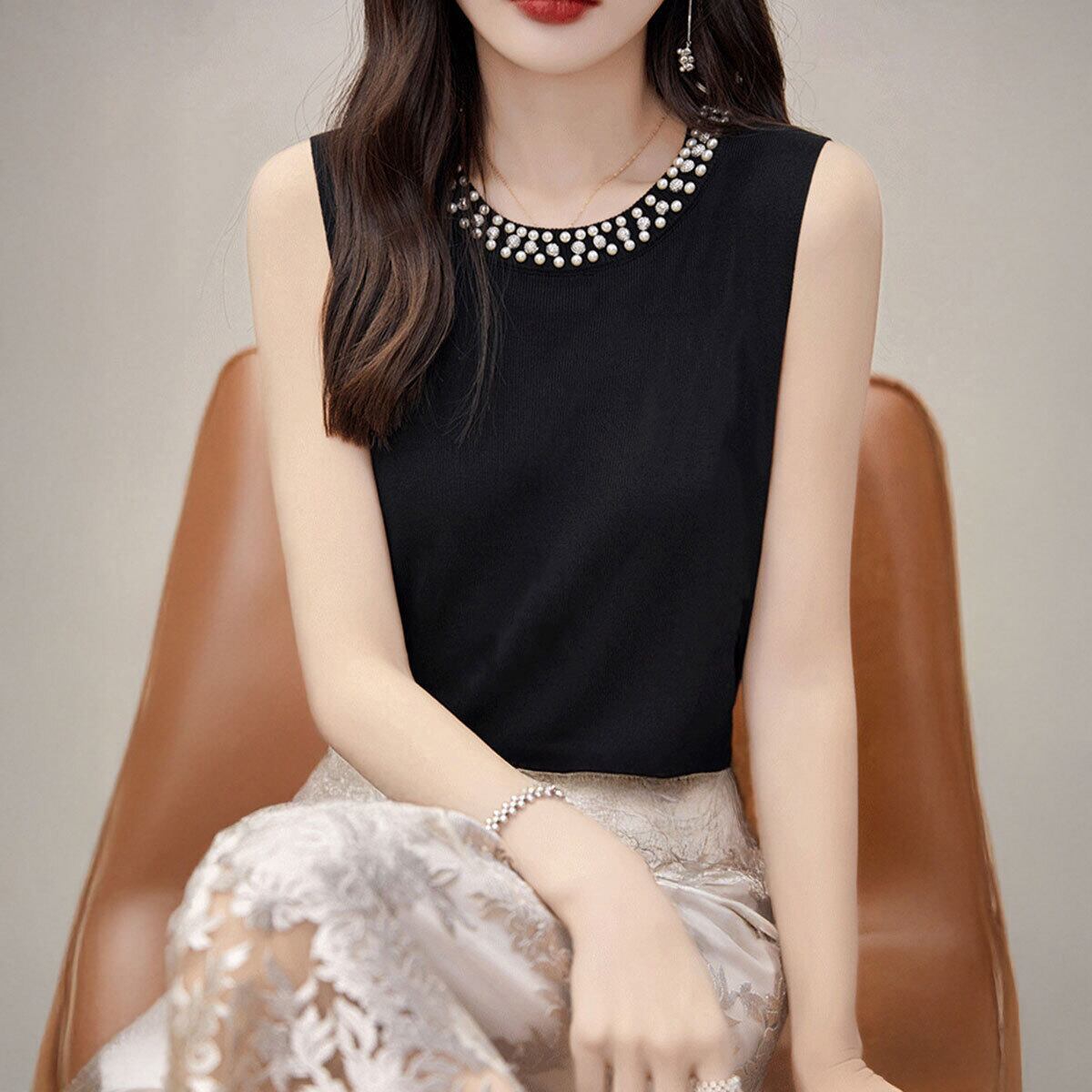 ノースリーブ ニット タンクトップ レディース 春夏 インナー 韓国 大人 きれいめ シンプル かわいい パール付き サマーニット カジュアル 重ね着 レイヤード 大人可愛い 大人女子
