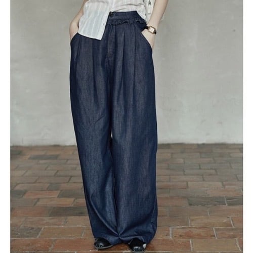 ruffle waist denim wide pants