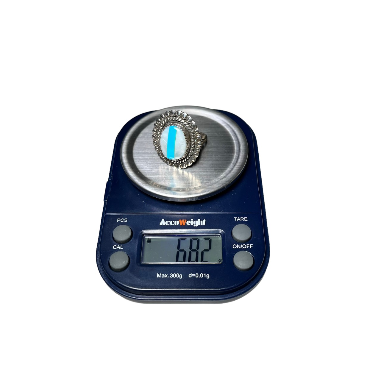 vintage silver inlay ring set with shell & turquoise