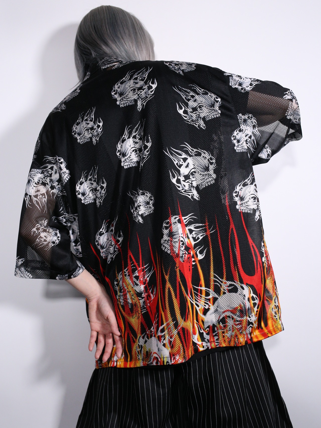 "skull × fire" box silhouette mesh s/s shirt - 5