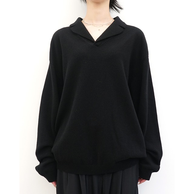 [Blanc YM] (ブランワイエム) BL-26A-WOCKS Wool Open Collar Knit Shirts (Black)