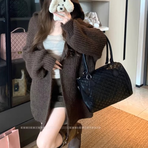 2色／オープンフロントフーディーニットカーデ ・74884