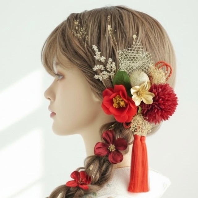 A600  赤椿　タッセル　髪飾り　浴衣　成人式　卒業式　前撮り　結婚式　水引　