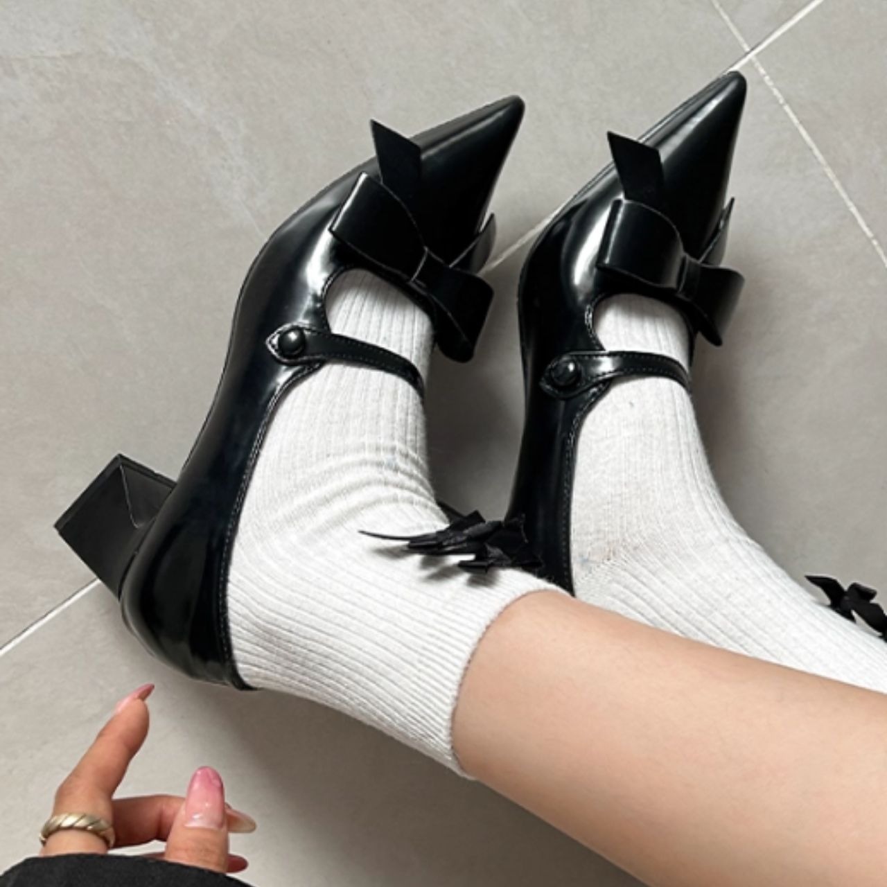 Noir Ribbon Mary Jane Heels F0472