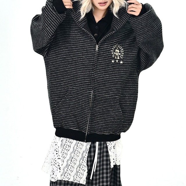 ボーダーエンブレムフーディトップス 2col   R01100