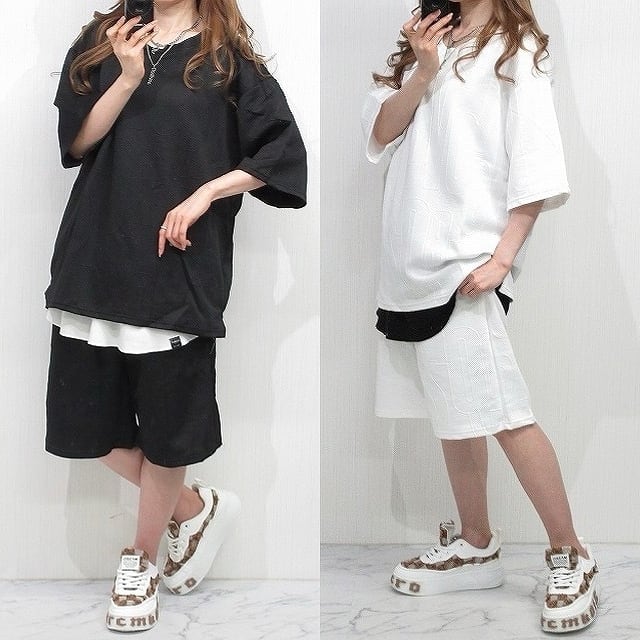 SET UP】エンボス シンプル Tシャツ＆ハーフパンツ 上下セットアップ