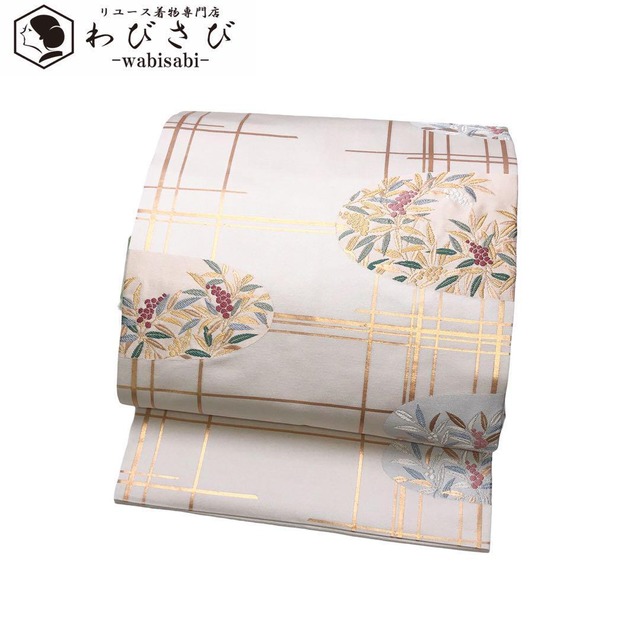 名古屋帯 髭紬 手描き 野菜柄 茄子 成せば成る 灰色 O-4098 | リユース  