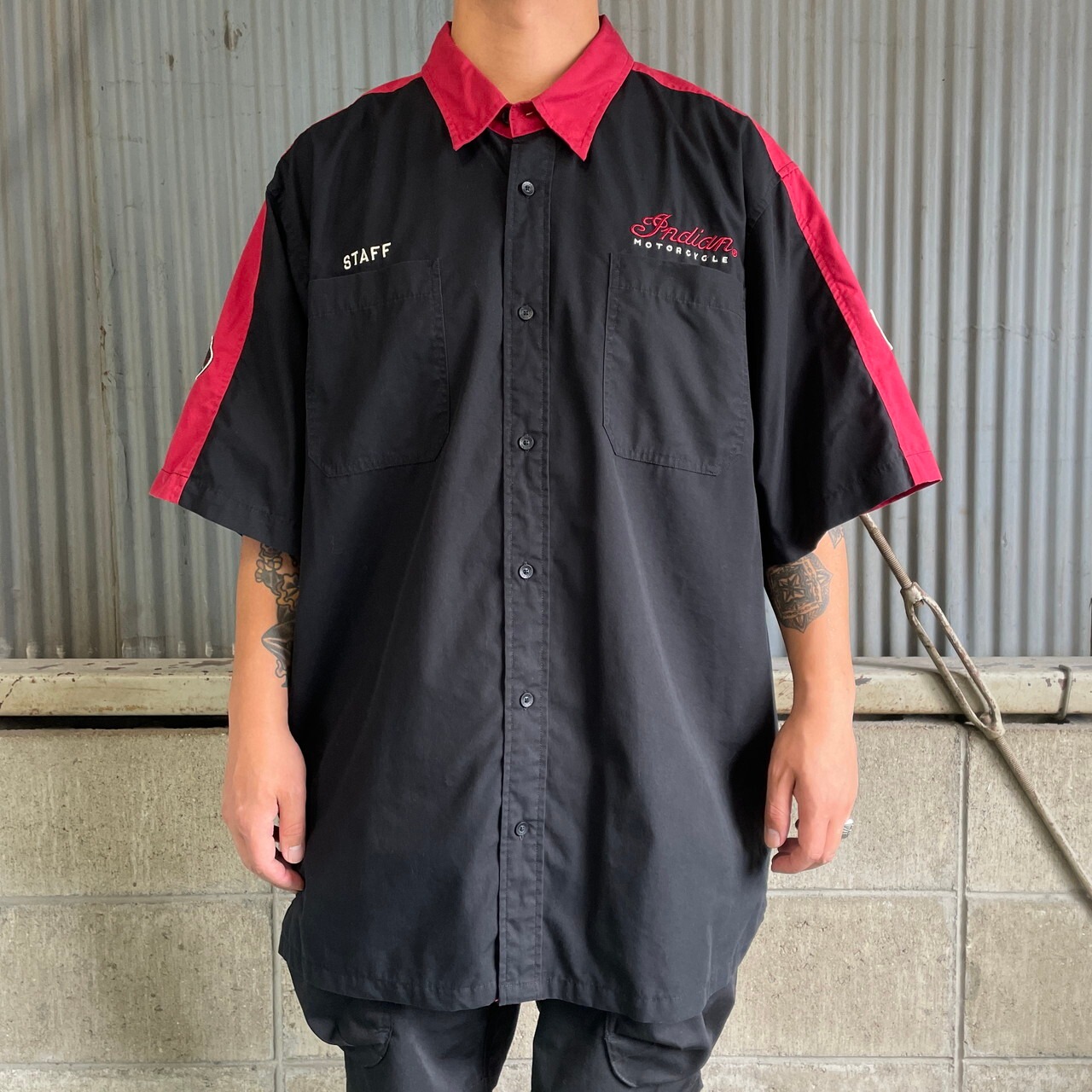 Indian MOTORCYCLE 企業ロゴ刺繍 バックプリント 半袖ワークシャツ 