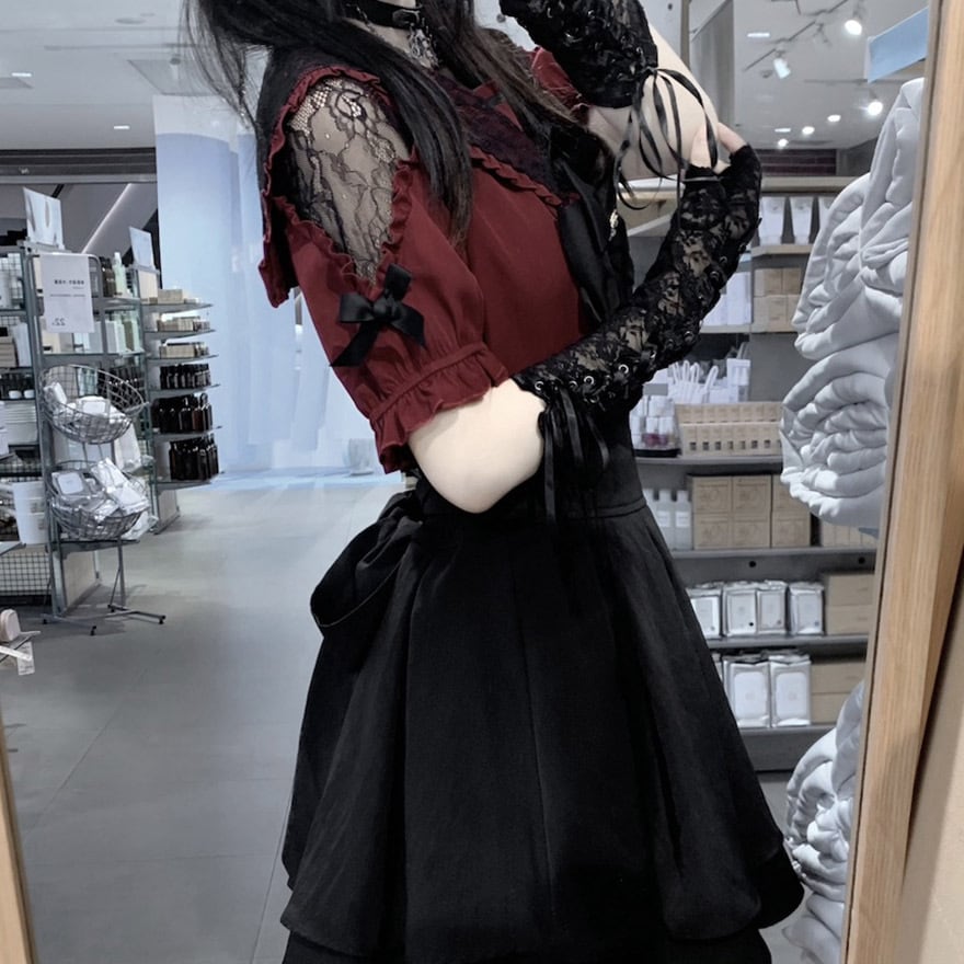 ゴスロリ通販 With U 地雷系 長袖ブラウス シャツ オープンショルダー