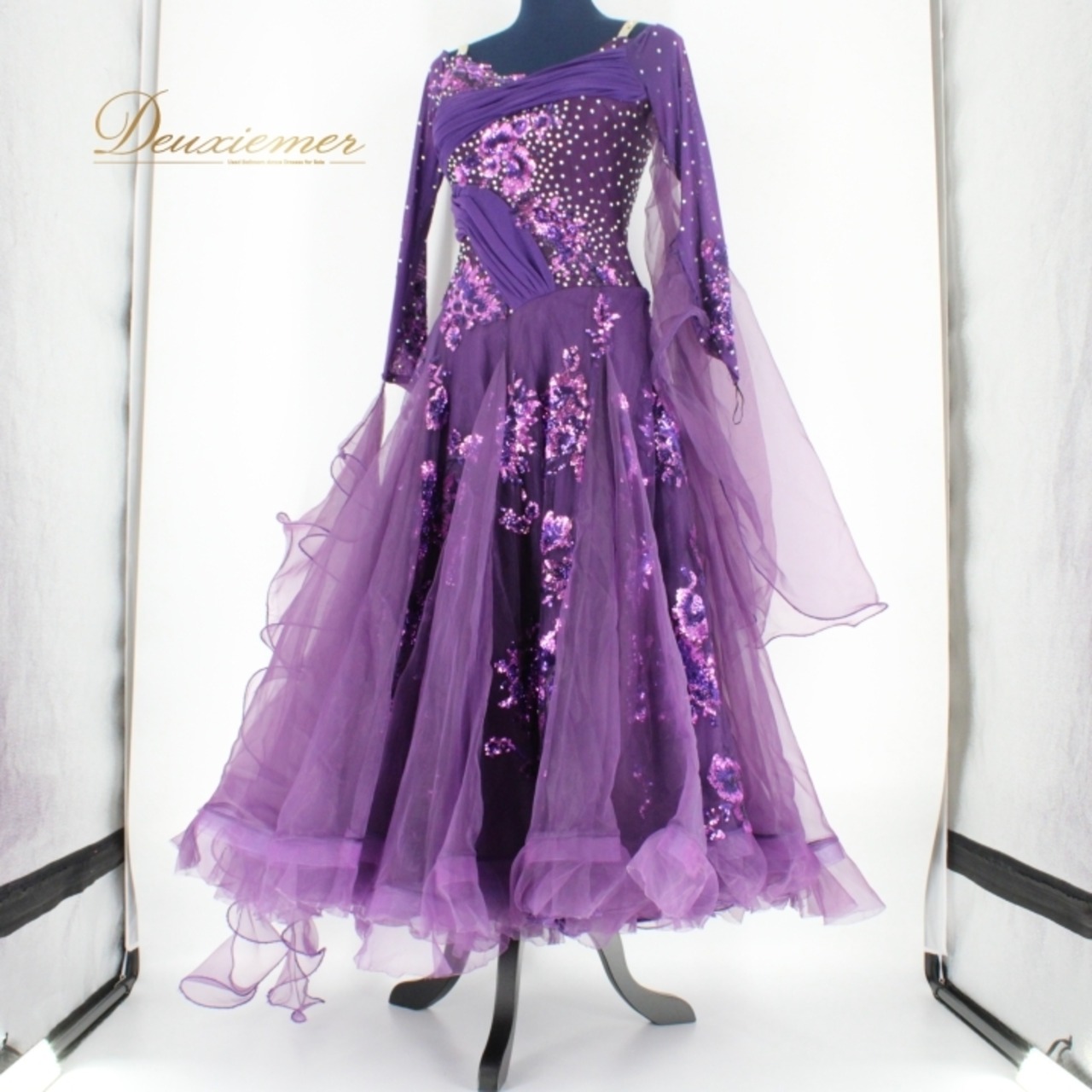 社交ダンス 衣装 スタンダードドレス スタンダード ドレス ワンピース 紫 フリル デモ 競技 ダンス パーティ フロート パープル系 スパンコール レース 社交ダンス服 ワンピースドレス イベント用 パーティードレス スタンダード衣装 競技用ドレス スパンコール パープルドレス