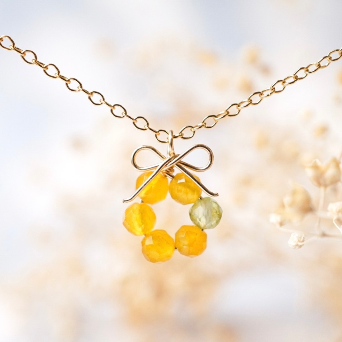 ミモザの花結」ネックレス 淡水パール イエロー リボン 天然石 誕生石 