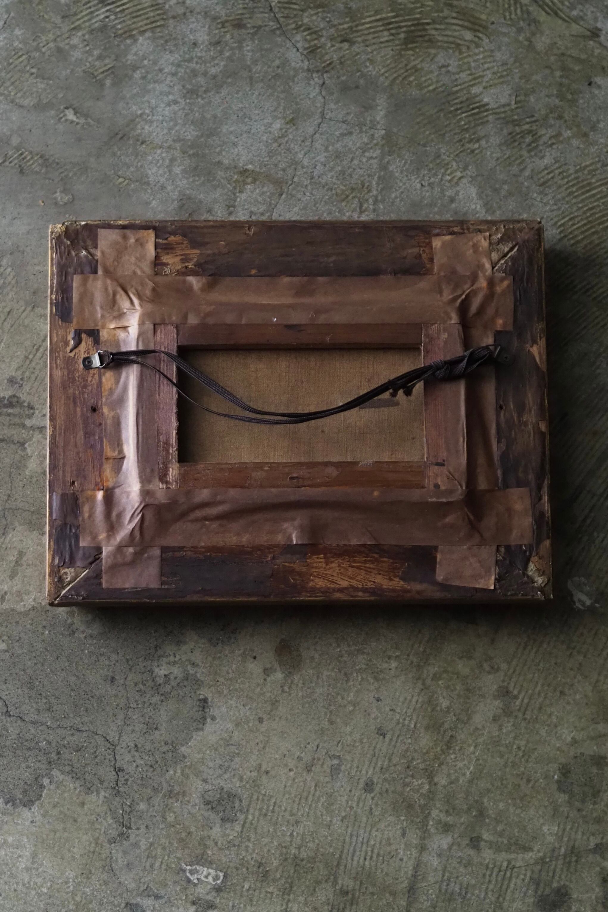家と教会、山々を背景に 油絵-antique oil painting | アンティーク