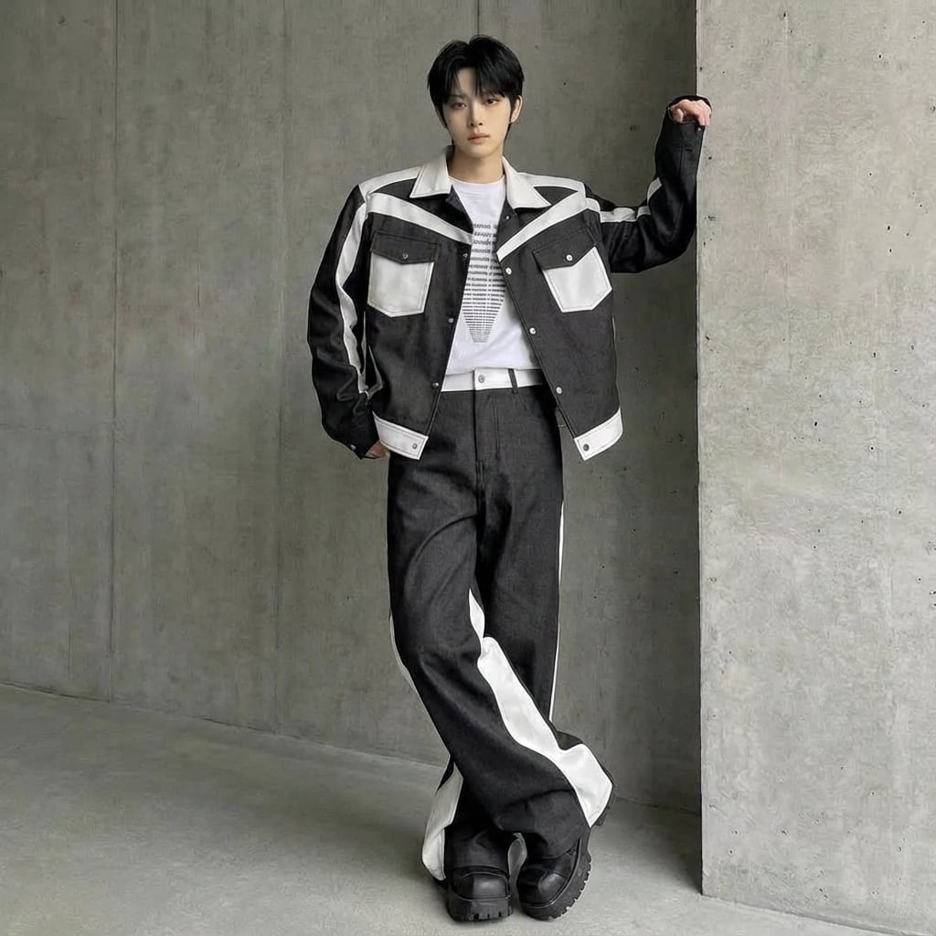 ジオメトリックデザイン バイカラーデニムセットアップ 2カラー D12222