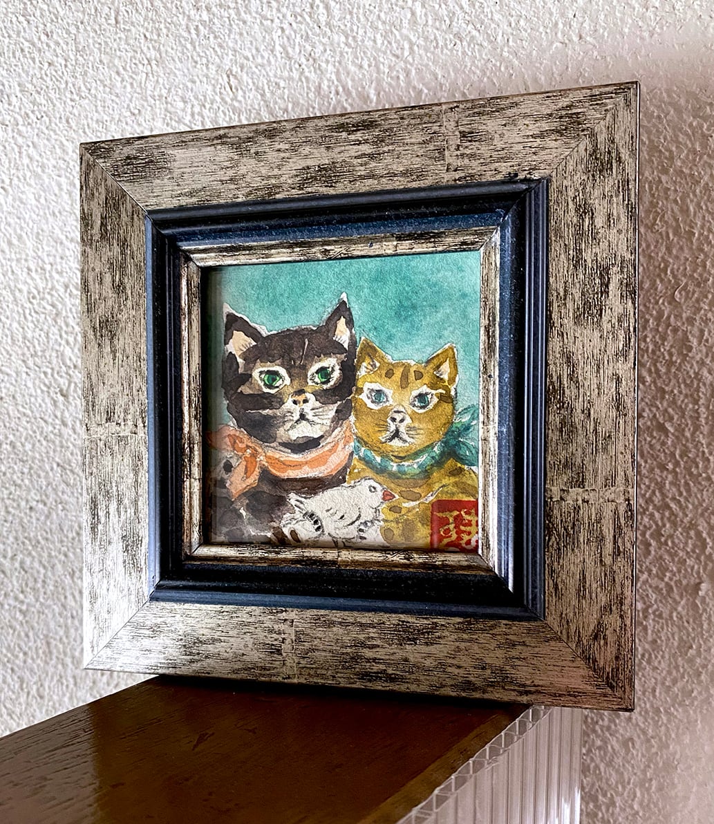 油彩画『如意猫守』 一点物 原画 アート 開運 Any Kind Of Blue 猫や透明堂