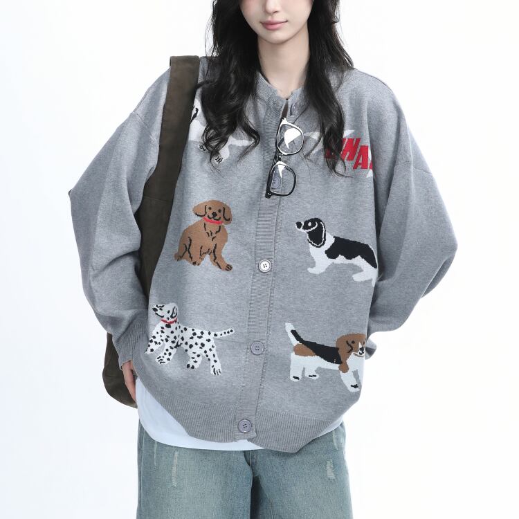 ボタンフロント ドッグプリント オーバーサイズ カーディガン ◆2col L00196