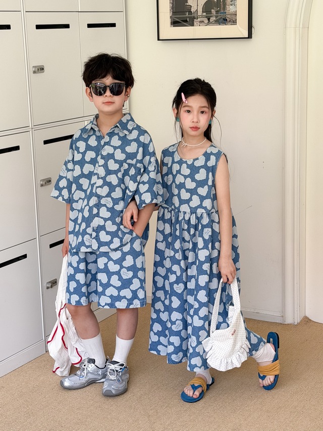 【兄妹服】ハート総柄デニムセットアップ／ワンピース - 10