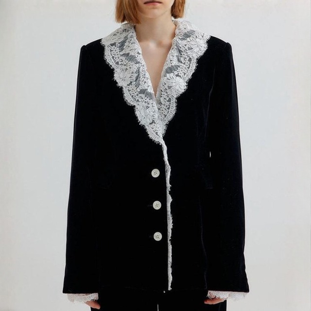 Lace collar velvet tailored jacket　V2740