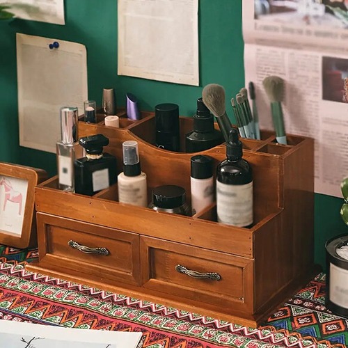 メイクアップ収納棚 木製 引き出し付き ブラシ入れ 大容量 メイク収納 小物収納 デスク収納 おしゃれ 北欧